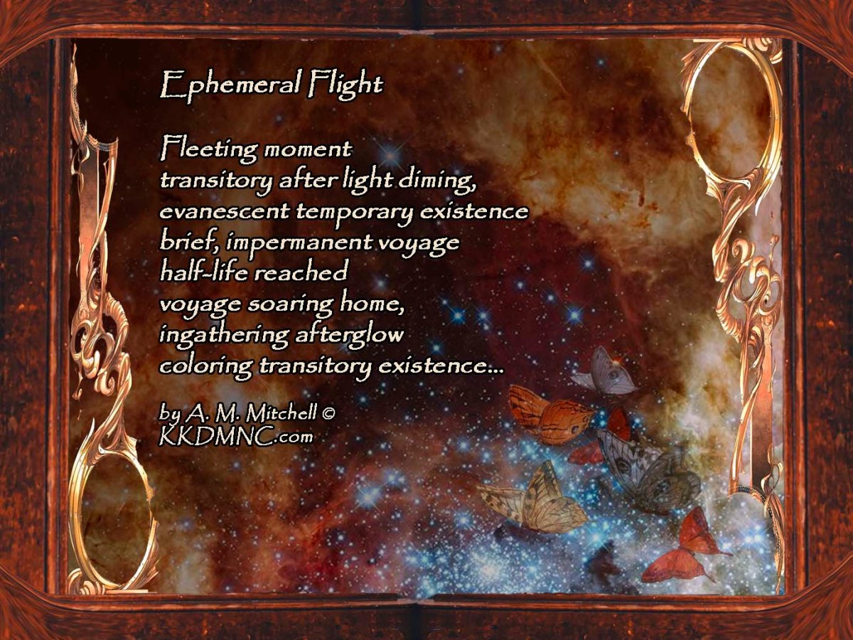 Ephemeral Flight Fleeting moment transitory after light diming, evanescent temporary existence brief, impermanent voyage half-life reached voyage soaring home, ingathering afterglow coloring transitory existence… by A. M. Mitchell © KKDMNC.com